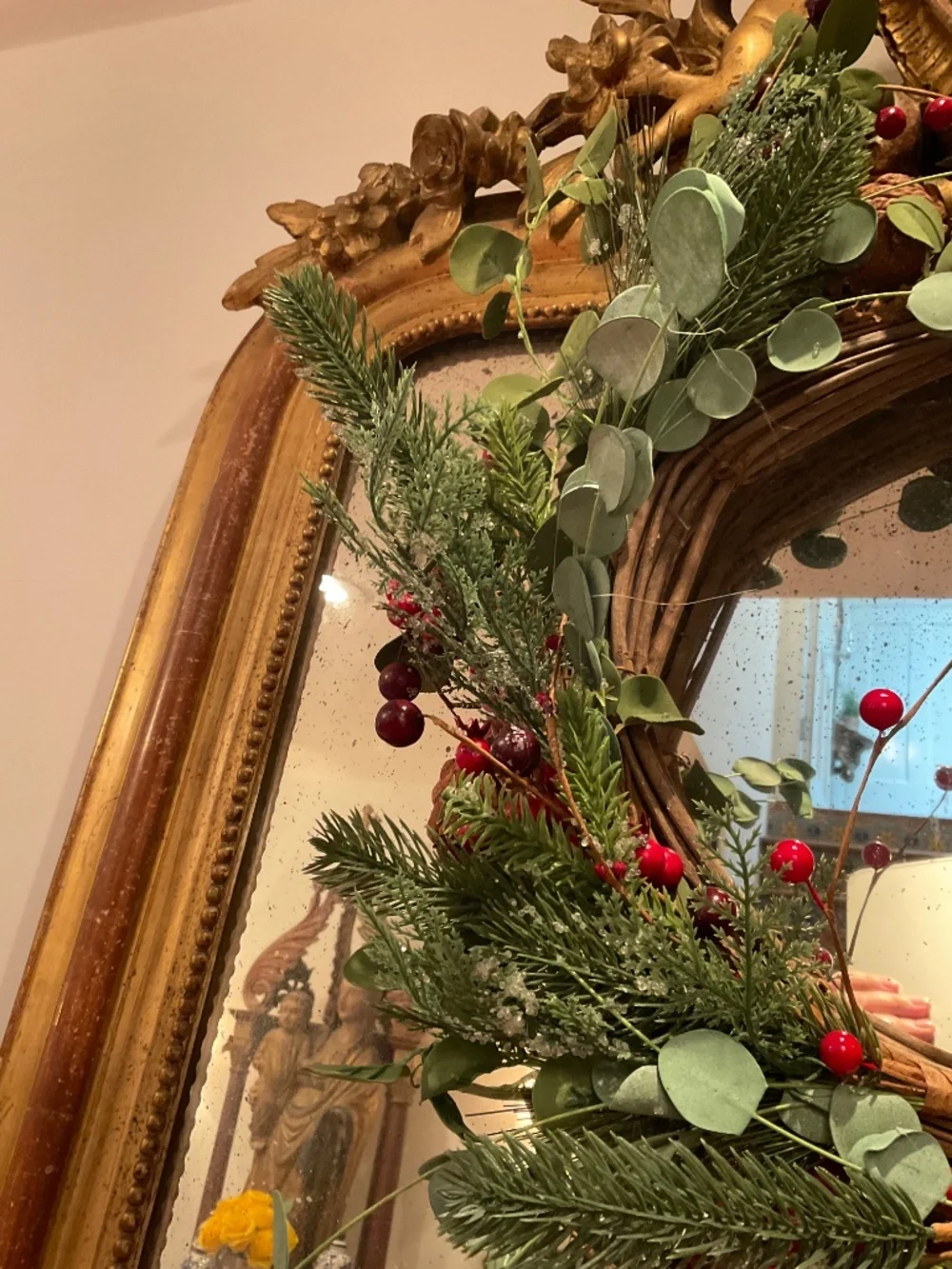 Set of three 22” Christmas wreaths with faux pine, eucalyptus and holy berries